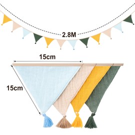 G2PLUS Fabric Bunting Banner with Tassel, 12PCS Double Sided Cotton Bunitng, 2.8m Fabric Triangle Garland, Yellow Beige and Green Baby Bunting for Nursery/Baby Shower/Brithday/Bedroom Decoration
