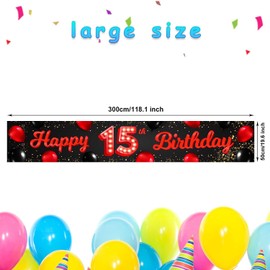 Happy 15th Birthday Red and Black Banner Backdrop Balloons Theme Decor for Yard Garden Girls Women Princess 15 Years Old Birthday Party Decorations Bday Supplies Photo Booth Props Favors Glitter Gold
