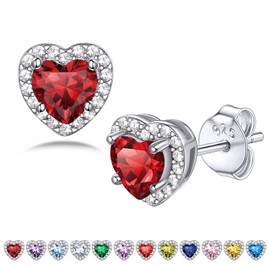 Bestyle 925 Sterling Silver Created Diamond Earrings Heart Studs for Women, 5mm January Granet Birthstone Gem Earrings Illuminated by 1mm White Cubic Zirconia