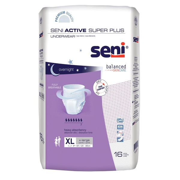 Seni Active Super Plus Disposable Underwear Pull On with Tear Away Seams X-Large, S-XL16-AP1, 16 Ct