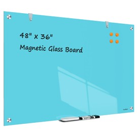 Glass White Board, 48x36 Inches Magnetic Glass Dry Erase Board, Blue Frameless Glass Whiteboard for Wall Office School Classroom Home, 3x2 Feet Large Dry Erase Board Wall Mounted
