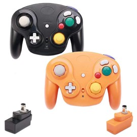 VTone Wireless Game Cube Controller, 2 Pieces 2.4G Wireless Classic Gamepad with Receiver Adapter for Wii Game Cube NGC GC (Black and Orange)