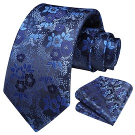 HISDERN Men's Tie Floral Tie and Pocket Square Classic Men's Silk Tie Set for Wedding Party Business, X-dark blue flower