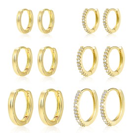 ALEXCRAFT14k Small Huggie Gold Hoop Earrings Set for Women Men 925 Sterling Silver Hypoallergenic Cubic Zirconia Earrings Multiple Piercings 6 Pairs 12/14/16 mm