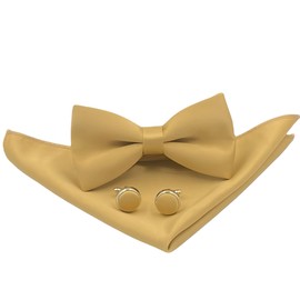 ZEYMINER Mens Solid Color Pre-tied Bow Tie and Pocket Square Cufflink Set with Gift Box (Champagne)