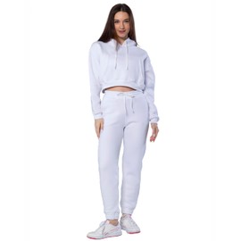 Women 2 Piece Outfits Lounge Set Cotton Fleece Sweatsuit Crop Hoodie & Jogger Pants Drawstring Long Sleeve Pocket Casual, White W/Hoodie, Small-Medium