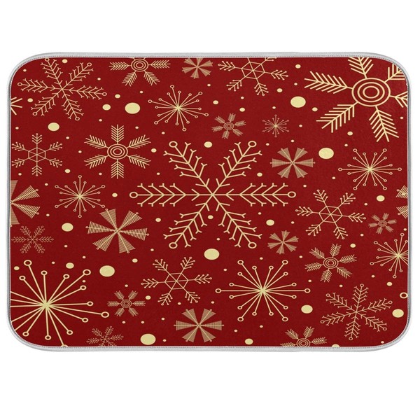 Christmas Snowflakes On Dark Red Dish Drying Mat for Kitchen,