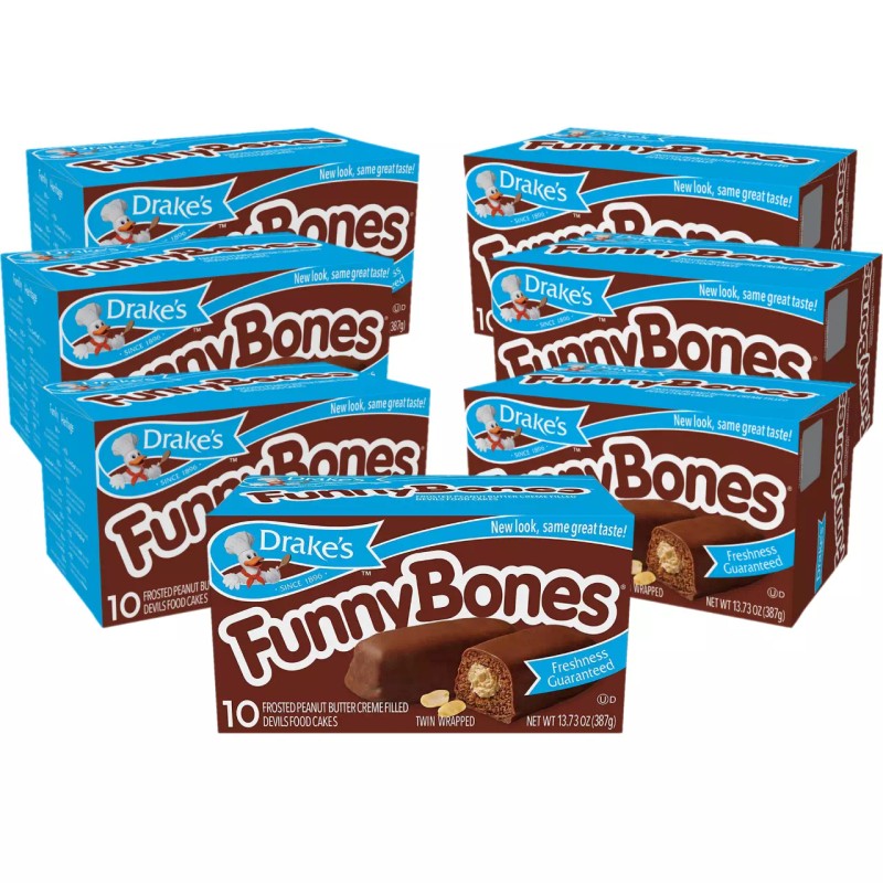 Drake's Funny Bones, 7 Boxes, 70 Twin-Wrapped Peanut Butter Creme-Filled