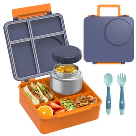 Bento Lunch Box Set for Kids with 8oz Soup Thermo, Leak-Proof Lunch Containers with 4 Compartment, Thermo Hot Food Jar and Insulated Lunch Bag for Kids to School (Navy Blue)