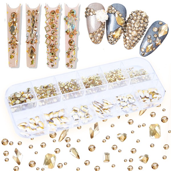 660Pcs Champagne Gold Crystal Rhinestones Nail Art Flat Back Round Multi Sized Shapes Stones Gem Rhinestone Beads for Nail Art DIY Jewelry Crafts Accessories