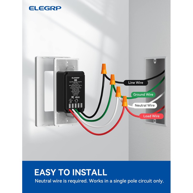 ELEGRP Smart Light Switch, 2.4GHz Wi-Fi Single Pole Light Switch