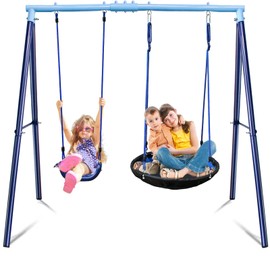 JYGOPLA 2 Seat Swing Set for Backyard - Metal A-Frame Holds 440 lbs, 1 Adjustable Saucer Swing and 1 u-Shape Swing - Suitable for Kids 3-8 Years