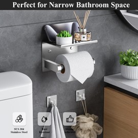 Tindbea Toilet Paper Holder with Phone Shelf + Towel Robe Hooks, Adhesive or Screw Wall Mounted Toilet Paper Roll Storage, Stainless Steel Bathroom Tissue Roll Holder (Brushed Nickel)