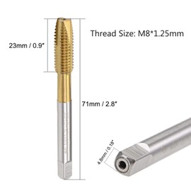 TOP-VIGOR M8 x 1.25mm Spiral Point Tap Drill Bit H2 Tolerance 3 Flute Ground Thread HSS Titanium Coated (Round Shank Square End) 2pcs