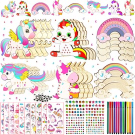FZYESNO Unicorn Wooden Craft Children, Unicorn Craft Set - 24 Pieces, 6 Different Shapes, Wooden Craft Sets for Children, Unicorn Children's Birthday Crafts, Unicorn Crafts - Gift for Girls/Boys