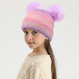 CHUANGLI Kids Winter Knitted Beanie Hat Colorful Pompom Ears Ski Hat for Boys Girls Ages 7-12
