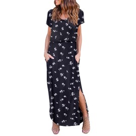 Ekouaer Women's Nursing Dress Summer Short Sleeve Maternity Split Long Dresses for Breastfeeding with Pockets Plus Size Black-Floral-White XXL
