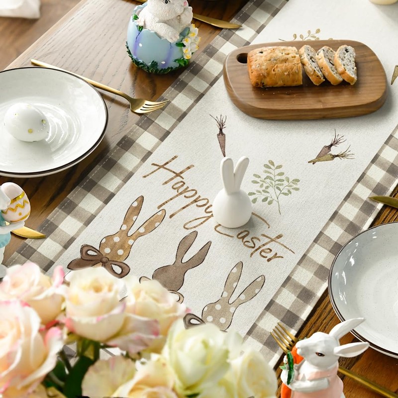 Artoid Mode Buffalo Plaid Carrots Rabbits Easter Table Runner, Seasonal