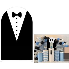 Aerdce Black Tuxedo Bowtie Arch Fabric Covers Boss and Boy Baby Stretchy Arched Stand Backdrop Cover for Birthday Party Baby Shower Decoration Supplies(Only Cover)