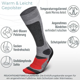 Piarini 2 pairs of unisex ski socks for men, women and children for winter sports snowboard breathable socks knee socks thermal socks function socks outdoor socks made from Merino wool. - Grey with red