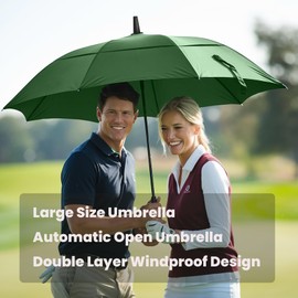 MRTLLOA 72 Inch Automatic Open Green Golf Umbrella, Extra Large Oversize Double Canopy Vented Windproof Waterproof Sports Stick Umbrellas for Rain (Green, 72 Inch)