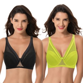 Curve Muse Women's Plus Size Unlined Minimizer Full Coverage Mesh Underwire Bra-2pack-Black,Neon Yellow-40DDDD