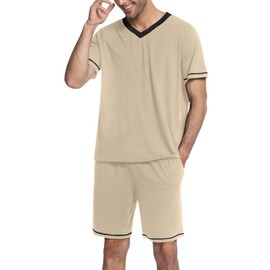 Ekouaer Mens Pajama Set Short Sleeve V Neck 2 Piece Nightwear Shorts With Pockets Summer Sleepwear for Men Light Coffee XL