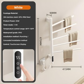 KUKKUME 180°Rotation Electric Heated Towel Rack Wall Mounted Towel Warmer Racks 5 Bars Hardwired & Plug-in Hot Towel Rack with 1H-9H Timer for Home Bathroom, Salons and Spas (White-1)