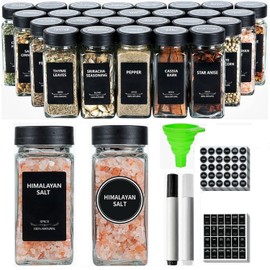 JARXSUN 48 Glass Spice Jars with Label-4oz Spice Containers with Black Lids and Shaker Lids,3 Sets of Spice Labels 1 Collapsible Funnel 2 Erasable Markers (48, Black)