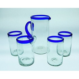 Mexican Glasses & Pitcher, Blue Rim 16 Oz (Set of 4)