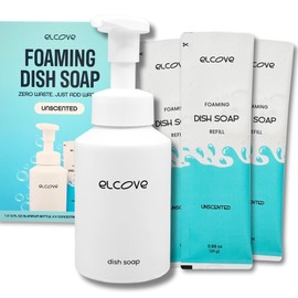 Eco Friendly Foaming Dish Soap Starter Set, Reusable Aluminum Soap Dispenser, 3 Zero Waste, Non Toxic, Concentrated Powder Refills Make 3x12oz (36 oz Total) of Foaming Dish Detergent (Unscented)