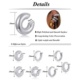 Tornito 8 Pairs Chunky Ear Cuffs Earrings Non Piercing Round Huggie Clip on Cartilage Minimalism Ear Clip Earrings for Women Silver Tone
