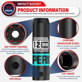 Aiourx 1/2” Drive Impact Socket, 12 mm Deep Socket, Metric, 6 Point, CR-V, for Automotive Maintaince, Mechanical Equipment Maintaince