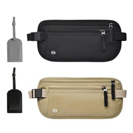 Cangurera de Viaje 2 Piezas, Cinturón de Viaje con Bloqueo RFID, Soporte para Pasaporte, Cremallera Invisible, Riñonera para Viaje, Deporte, Running (Negro + Beige)