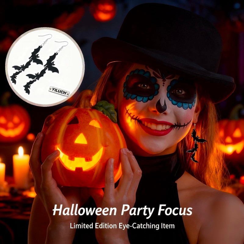 Halloween Bat Dangle Earrings – Black Triple Bat Drop Jewelry