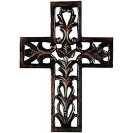 Deco 79 Mango Wood Biblical Carved Cross Wall Decor, 9" x 1" x 12", Brown