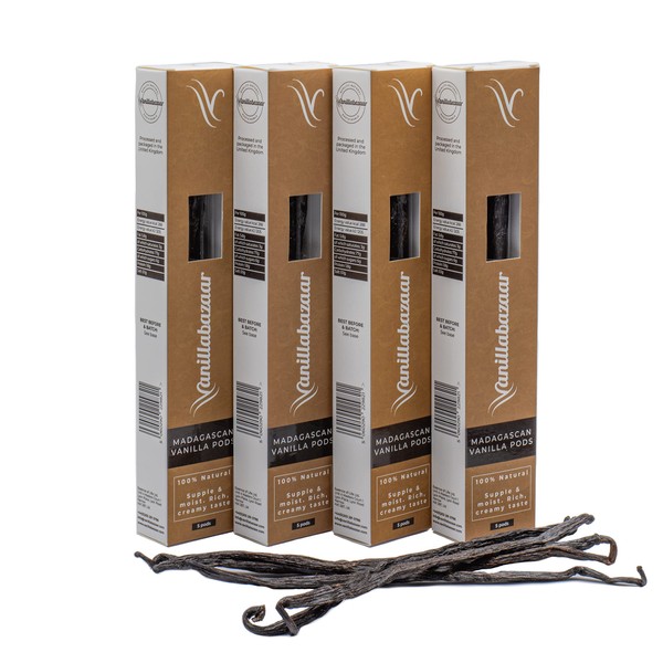 Vanillabazaar Sustainable Madagascan Grade A Beans - 20 Bourbon Gourmet Vanilla Pods in Resealable Tube for Chefs & Home Baking / Extraction Purposes - 4 X 5 Pod Tubes