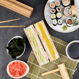 Toys4Boys Bamboo Sushi Making Kit-Sushi Set with Rolling Mat, Cylinder Bazooka Onigiri Mold and 2 Pairs Chopsticks- Sushi Set for Beginners- 100% Bamboo