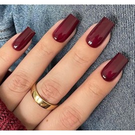 Curvlife Press On Nails Stick On Short Design Acrylic Stick On Nails Tips Glue On False Nails Kit For Women (deep red, Medium)