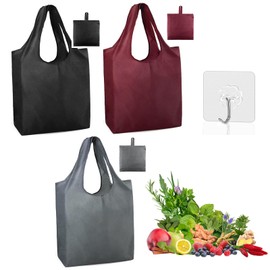 GmwyCzV Pack of 3 Foldable Shopping Bag, Lightweight Handbag with Carry Handles and Small Hook, Durable, Waterproof, Quick-Drying Shopping Bag for Shopping, Travel, Outdoor, Camping, Black, Grey,