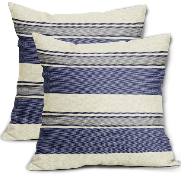 Navy Blue Grey Striped Pillow Covers 18x18 Set of 2