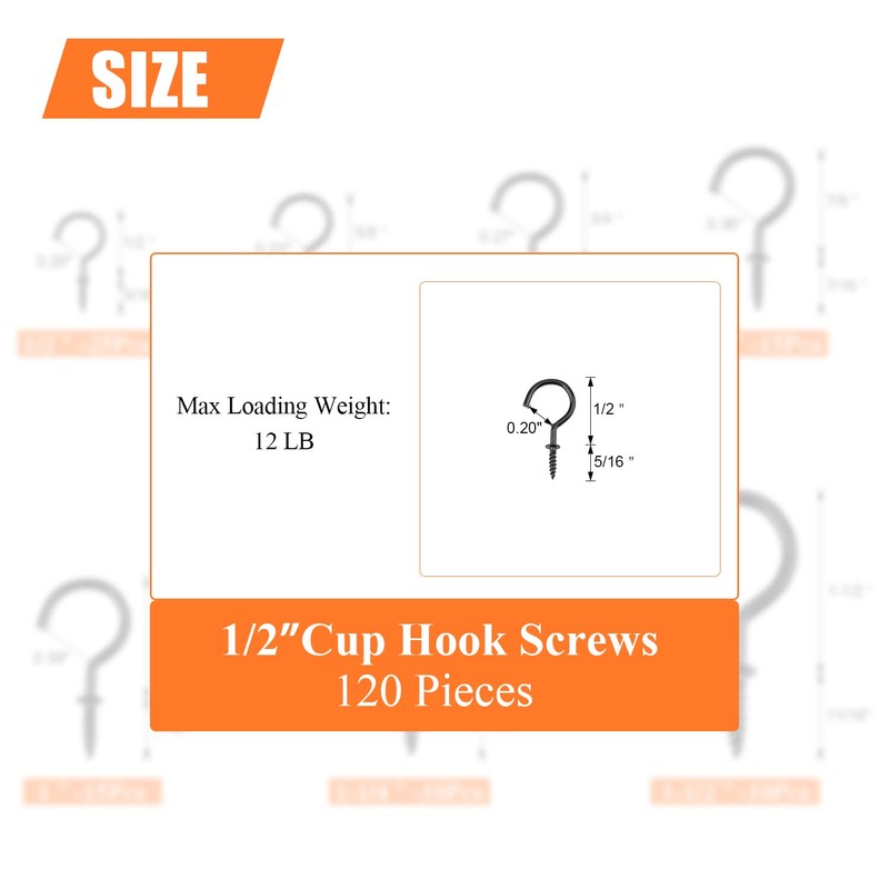 HELIFOUNER 120 Pieces 1/2 inch Cup Screw Hooks, Screw-in Hooks,