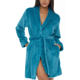 Alexander Del Rossa Women's Plush Fleece Hoodie Bathrobe, Knee Length Hooded Robe, Chevrons Chevron Texture Turquoise Large (A0157ODPLG)
