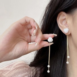 Pearl Flower Earrings for Women Camellia Flower Dangle Earrings Gold Pearl Tassels Earrings Dainty Statement Earrings Jewelry Gift for women