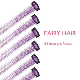 WENNALIFE Hair Tinsel Clip In Hair Tinsel for Girls Purple, 6pcs 24 inch Hair Tinsel Clips Tinsel Hair Extensions Clip in Colorful Glitter Tinsel Hair Clips Sparkle Fairy Hair Accessories for Kids