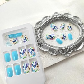Short Press on Nails Square Spring Fake Nails Color Leaves Nails Press ons Glossy Glue on Nails Bule Full Cover False Nails with Spring Design Artificial Stick on Nails for Women 24Pcs