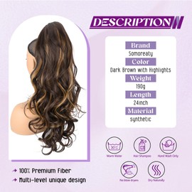 SOMOREATY Ponytail Extension, 24" Claw Clip in Ponytail Extensions Synthetic Hairpiece Long Curly Wavy Layered Hair Extension Jaw Clip on Pony Tails for Women Dark Brown with Highlights