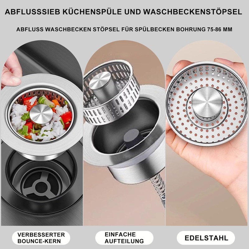 Universal Drain Strainer Kitchen Sink and Sink Plug, 3-in-1 Pop-Up