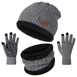 Winter Beanie Hats Scarf Gloves Set Thick Warm Slouchy Beanies Hat Knit Skull Cap Neck Warmer for Men Women, Hat Scarf Set-a-gray