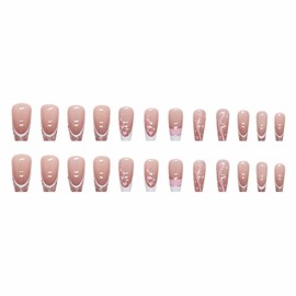 MISUD Coffin Press on Nails Long Ballerina Fake Nails Glossy Glue on Nails White French Tip Acrylic Nails Bling Glitter Artificial Nails Pink Line Stick on Nude False Nails with Desgin 24 pcs